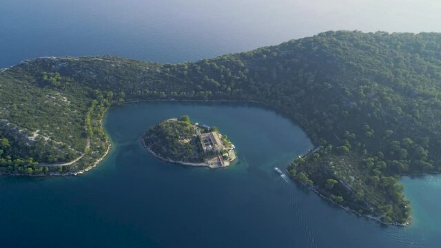 Aerial view of beautiful green islands on turquoise water. The Mljet National Park in Croatia with Veliko and Malo Lakes. 