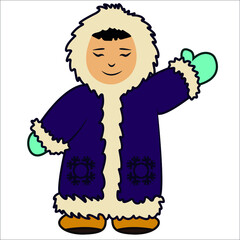 Indigenous circumpolar man waving. Isolated on white.