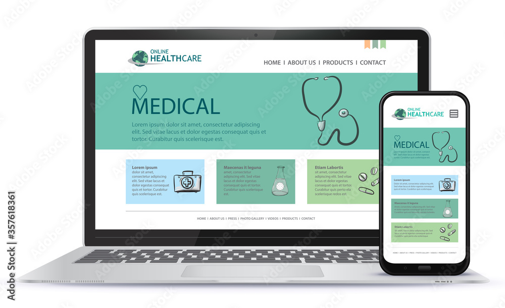 Wall mural healthcare and medical user interface design for web site and mobile app. laptop and mobile phone ve