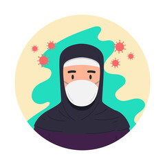 Illustration of arabian woman with antivirus medical masks. Coronavirus danger. Design element for poster, label, sign, emblem, infographic.