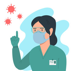 Illustration of woman doctor with antivirus protection, medical masks and protective glasses. Design element for poster, label, sign, emblem, infographic.