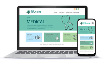Healthcare and Medical User Interface Design for Web Site and Mobile App. Laptop and Mobile Phone Vector Illustration.