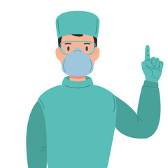 Illustration of doctor with antivirus protection, medical masks and protective glasses. Design element for poster, label, sign, emblem, infographic.