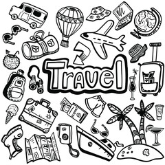 set of vector illustration  summer travel doodle staff  with lettering. summer time. Travel illustrations.