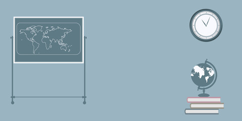 Chalkboard, world map diagram, globe, clock - vector. Banner. Back to school.