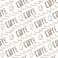 Seamless pattern with coffee names and coffee cups. Hand-drawn elements. Isolated texture without background. 