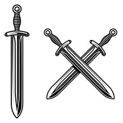 Illustration of crossed knight swords in engraving style. Design element for logo, label, emblem, sign.