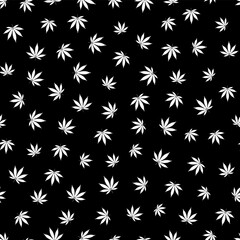 Cannabis seamless pattern. Marijuana leaf, white weed plant. Hashish texture, isolated black background. Hemp psychedelic grass. Fabric print for medical wallpaper. Simple design Vector illustration