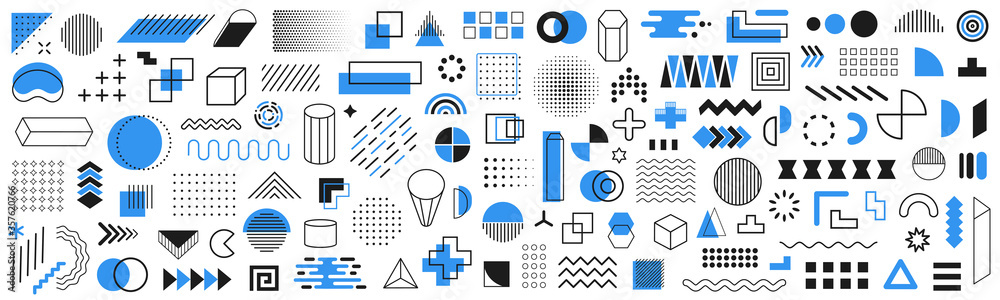 Poster set of 120 geometric shapes icons. memphis design retro elements. collection trendy halftone geometr