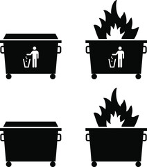 Trash/rubbish dumpster icons with fire. Dumpster fire concept.