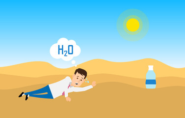 thirsty man reaches hand to a bottle with water in desert