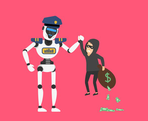robot policeman catch and arresting a thief with money bag