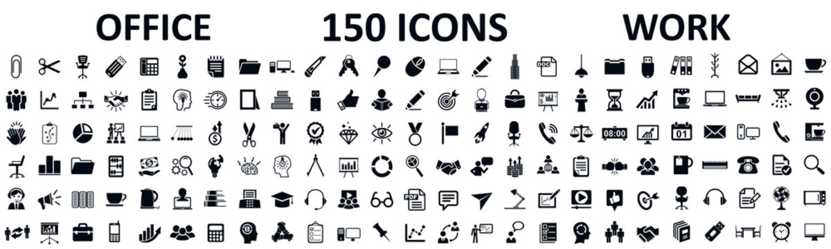 Set of 150 office icons, work in office signs - stock vector
