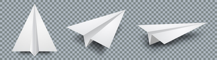 Set realistic white paper plane 3D model jet. Different view paper airplane isolated on transparent background – stock vector © dlyastokiv