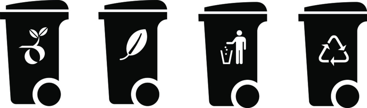 Trash/rubbish Wheelie Bin Icons With Labels: Green Waste, Compost, General Waste, Recyclable Waste.