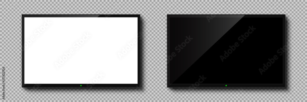 Poster Two realistic TV with different screens. Empty TV frame with shadow isolated on transparent background. Modern stylish lcd monitor, led type. Blank television template with white and black screen