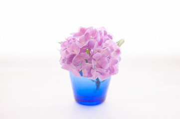 紫陽花の花 ブルーのグラス 白背景 コピースペース