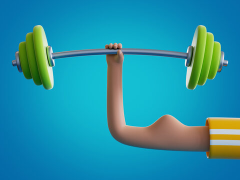 3d render cartoon hand holds barbell, isolated on blue background. Weight power lifting at home. Bodybuilding exercise, extraordinary achievement. Funny surrealistic clip art, unusual sport motivation