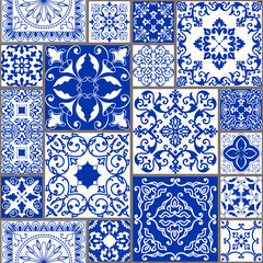 Seamless patchwork tile with Victorian motives. Majolica pottery tile, colored azulejo, original traditional Portuguese and Spain decor. Vector illustration for print wallpaper, fabric, paper, tile