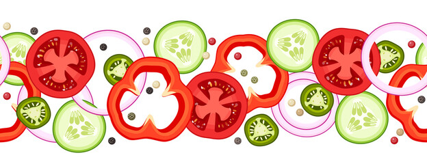 Seamless horizontal border background of sliced vegetables, ingredients for burger or salad. Vector illustration cartoon flat icons composition.