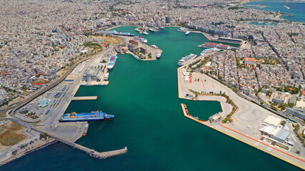 Aerial drone panoramic photo of famous port of Pireus or Piraeus where passenger ferries and...