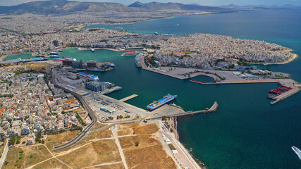 Aerial drone panoramic photo of famous port of Pireus or Piraeus where passenger ferries and...