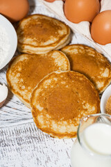 ingredients for baking pancakes, vertical closeup