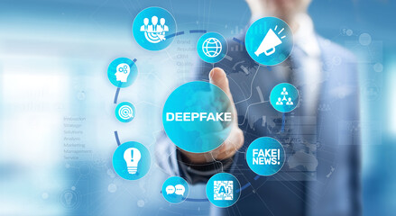 Deep Fake news artificial intelligence in media technology concept on virtual screen.