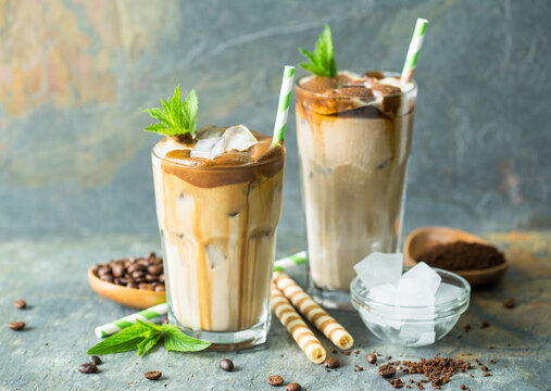 Iced latte coffee in a tall glass