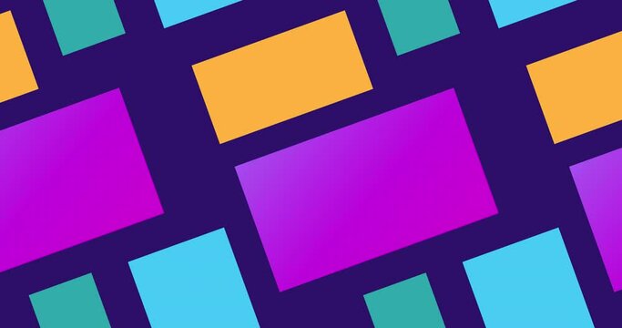 Minimal geometric background seamless pattern. Colored rectangles on a blue background. Loop animation 4K