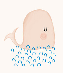 Baby Shower Vector Illustration with Sweet Dreamy Whale. Lovely Big Whale Swimming Among the Blue Abstract Waves. Baby Boy and Baby Girl Room Decoration. Watercolor Style Nursery Vector Art.