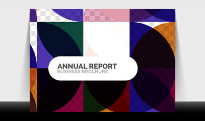 Horizontal A4 business flyer annual report template, circles and triangle style shapes modern geometric design for brochure layout, magazine or booklet