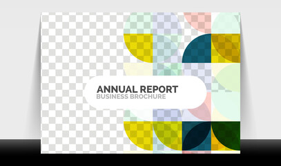 Horizontal A4 business flyer annual report template, circles and triangle style shapes modern geometric design for brochure layout, magazine or booklet