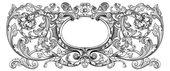 Vintage Baroque floral frame border Victorian flower ornament scroll engraved heraldic shield retro pattern decorative design tattoo black and white filigree calligraphic vector swirl leaf monogram