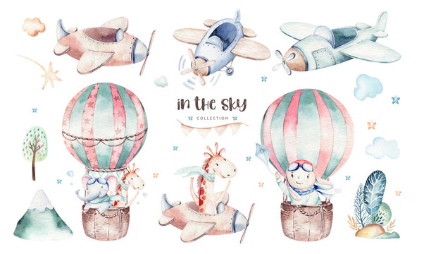 Fototapeta Watercolor set baby cartoon cute pilot aviation background illustration of fancy sky transport complete with airplanes balloons, clouds. childish Boy pattern. It's a baby shower illustration