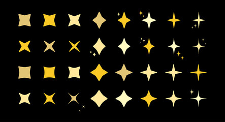 Star burst sparkle art deco pattern icon set. Gold star shaped twinkle pattern collection isolated on blue background. Christmas festive graphic design, celebrate carnival shine decoration