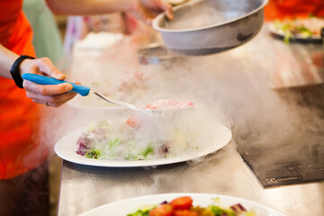 Serving mediterranean cuisine vegetables with dry ice