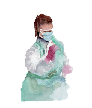 Nurse or doctor wearing protective or medical face mask, gloves and  gown.. Watercolor illustration, hand paint on texture paper. Health and safety concept.