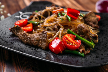 Korean salad funchoza with beef starch noodles 