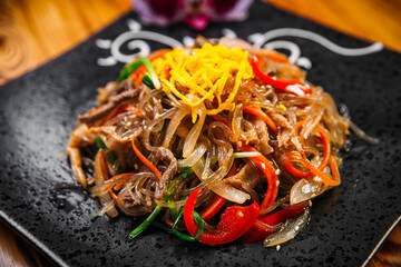 Korean salad funchoza with beef starch noodles 