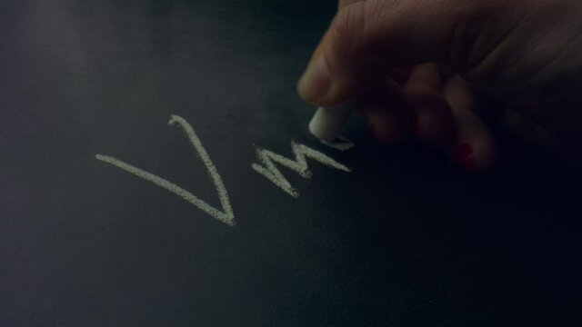 Woman hand holding piece of chalk. Unknown person writing equation on chalkboard