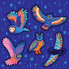 Collection of decorative stickers with owls. Vector illustration