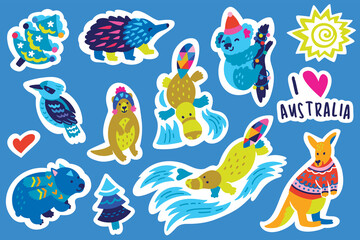 Christmas Australian animal sticker set. Vector illustration