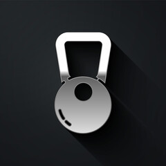 Silver Kettlebell icon isolated on black background. Sport equipment. Long shadow style. Vector Illustration.