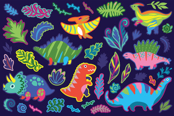 Decorative dinosaur and fern sticker set. Vector illustration