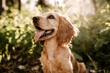 portrait of a cocker spaniel purebred dog with tongue out, soft focus.
