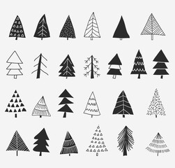 Set of doodles christmas trees. Hand drawn vector. Set of Christmas Trees. Winter season design elements and simply pictogram collection. Isolated vector xmas Icons and Illustration.