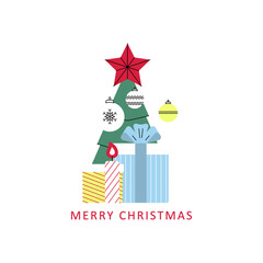 Obraz premium Christmas art with fir tree and gifts. Winter holiday icon, new year card, design element for greetings or invitations. Colorful bright Christmas poster in modern style for web sites and applications.