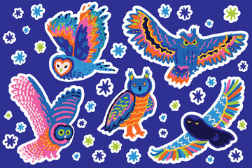 Obraz premium Collection of decorative stickers with owls. Vector illustration