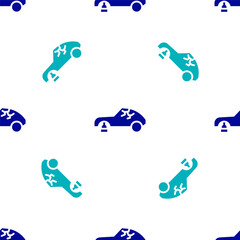 Blue Broken car icon isolated seamless pattern on white background. Car crush. Vector Illustration.